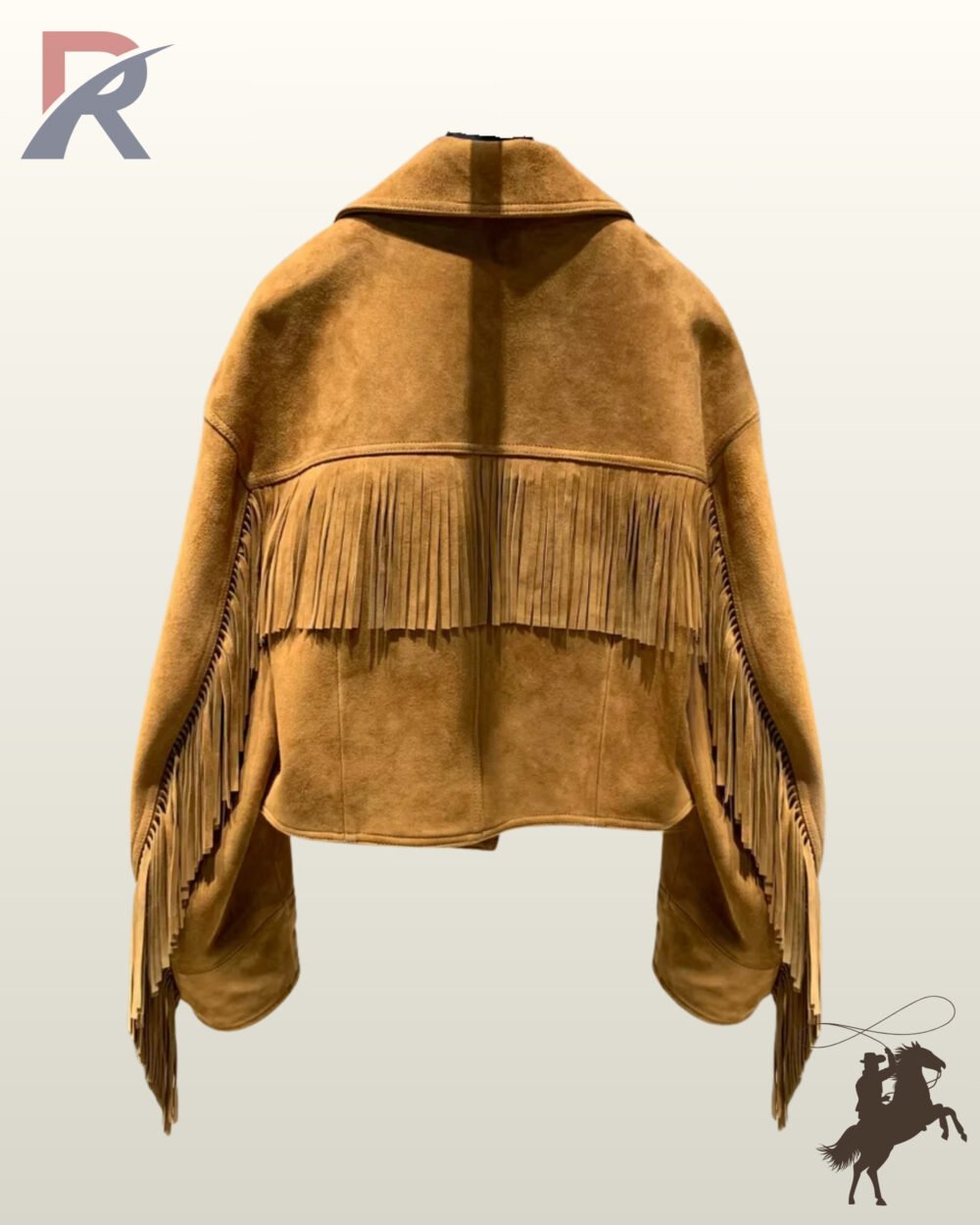 Back profile of a classic women's tan cropped suede jacket hanging on a hanger, displaying structured shoulder seams and sleeve fringe.
