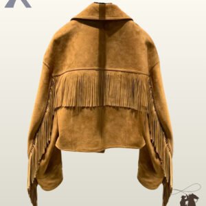 Back profile of a classic women's tan cropped suede jacket hanging on a hanger, displaying structured shoulder seams and sleeve fringe.