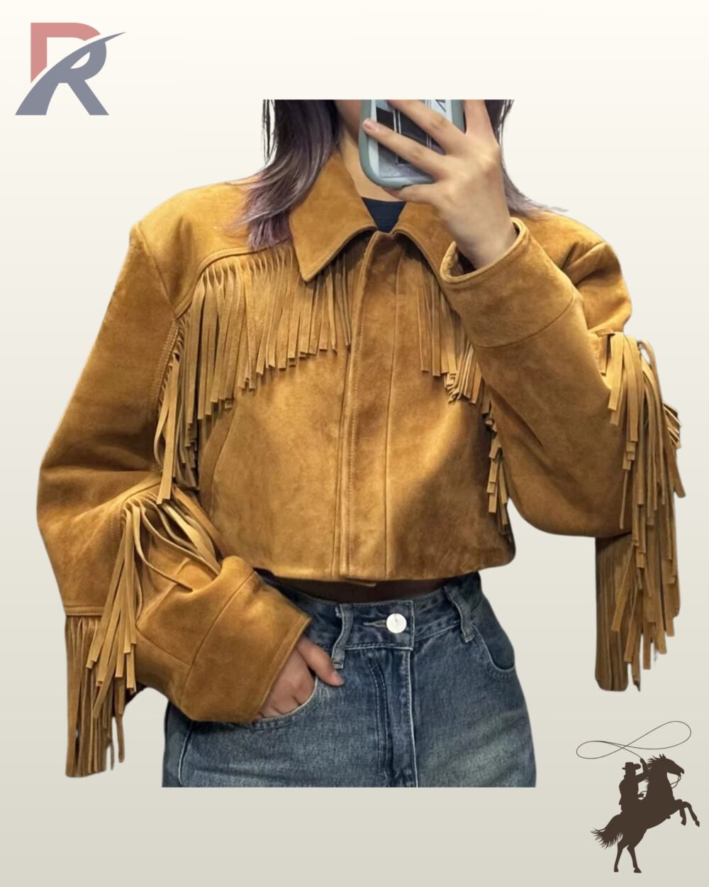 Mirror selfie of a person wearing a women's camel suede cropped western fringe jacket with high-waisted denim jeans.