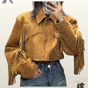 Mirror selfie of a person wearing a women's camel suede cropped western fringe jacket with high-waisted denim jeans.
