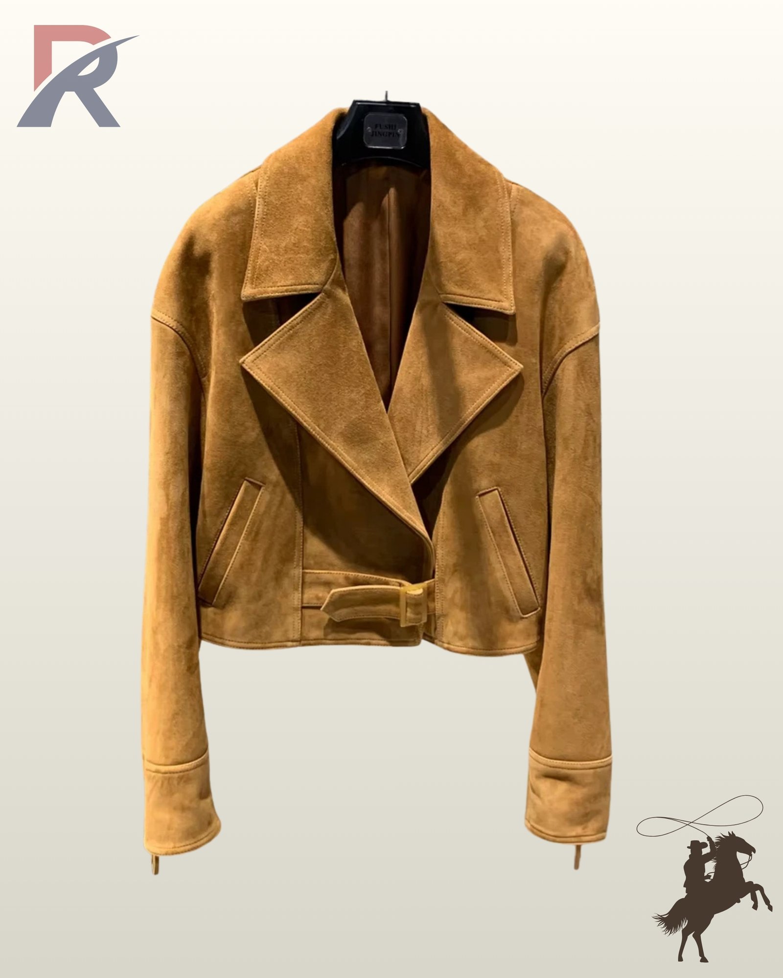 Women's tan suede cropped biker jacket with wide collar lapels, belted hem, zipper cuffs, and double-breasted style overlap.