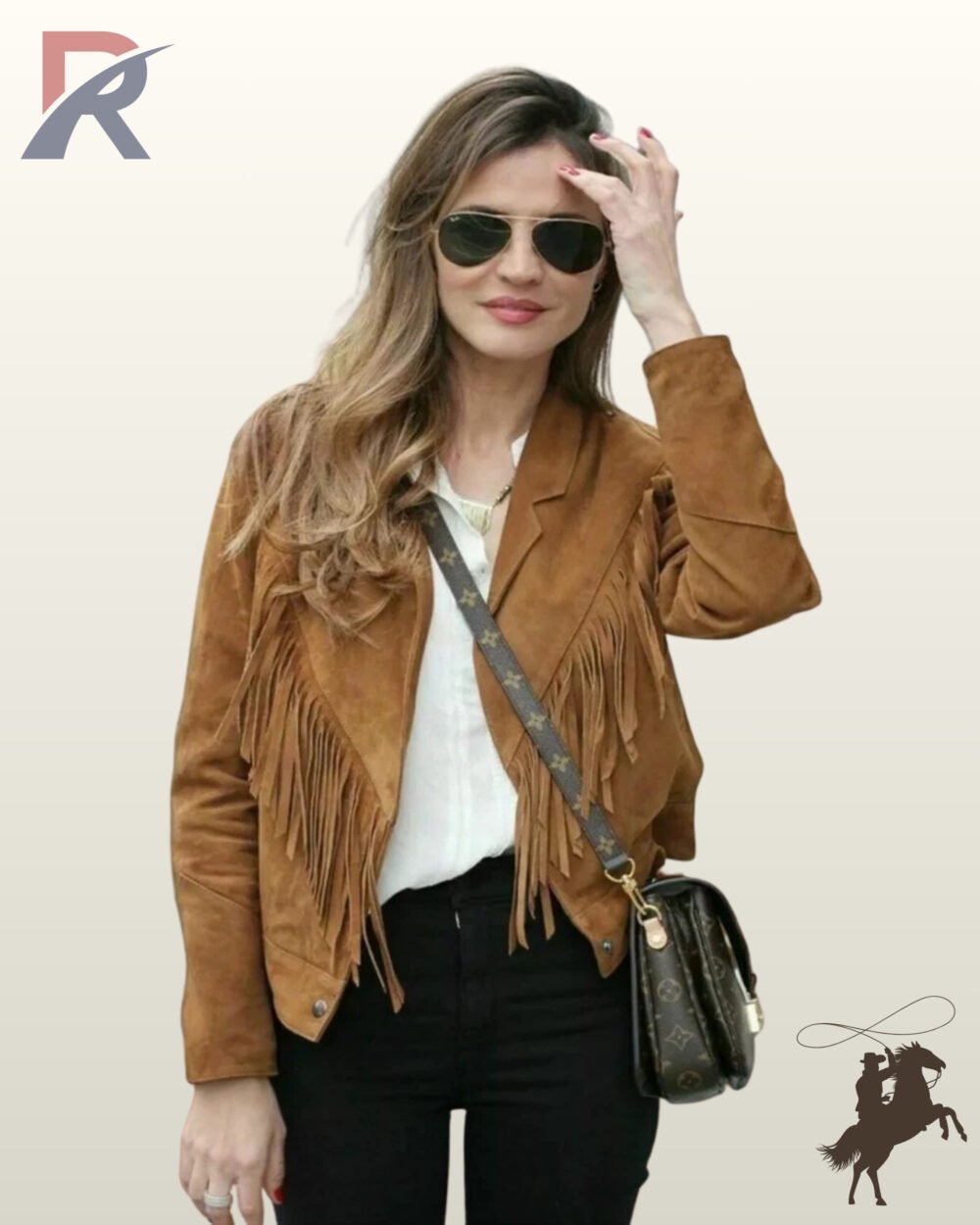 Front view of a model wearing a women's camel suede western fringe jacket paired with a white shirt, aviator sunglasses, and black jeans.