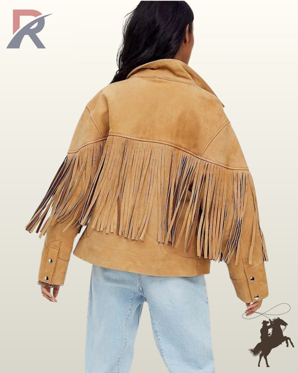 Back profile of a classic women's camel brown suede cowgirl jacket displaying full back yoke fringe and snap-button cuffs.