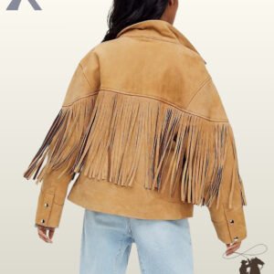 Back profile of a classic women's camel brown suede cowgirl jacket displaying full back yoke fringe and snap-button cuffs.