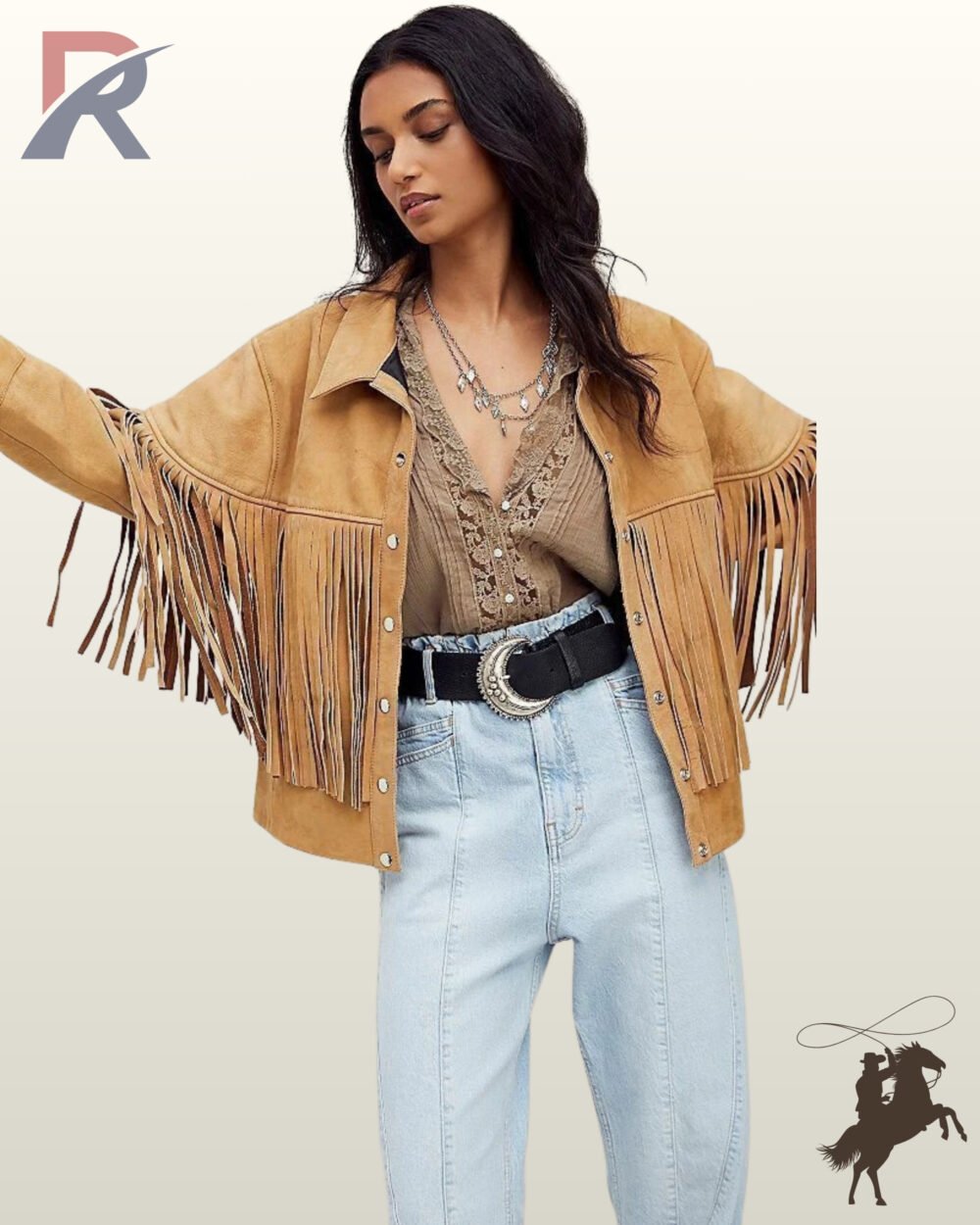 Front view of a model wearing a women's camel tan suede western fringe jacket styled over a lace blouse, Western belt, and high-waisted jeans.