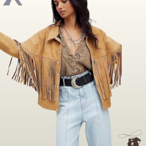 Front view of a model wearing a women's camel tan suede western fringe jacket styled over a lace blouse, Western belt, and high-waisted jeans.