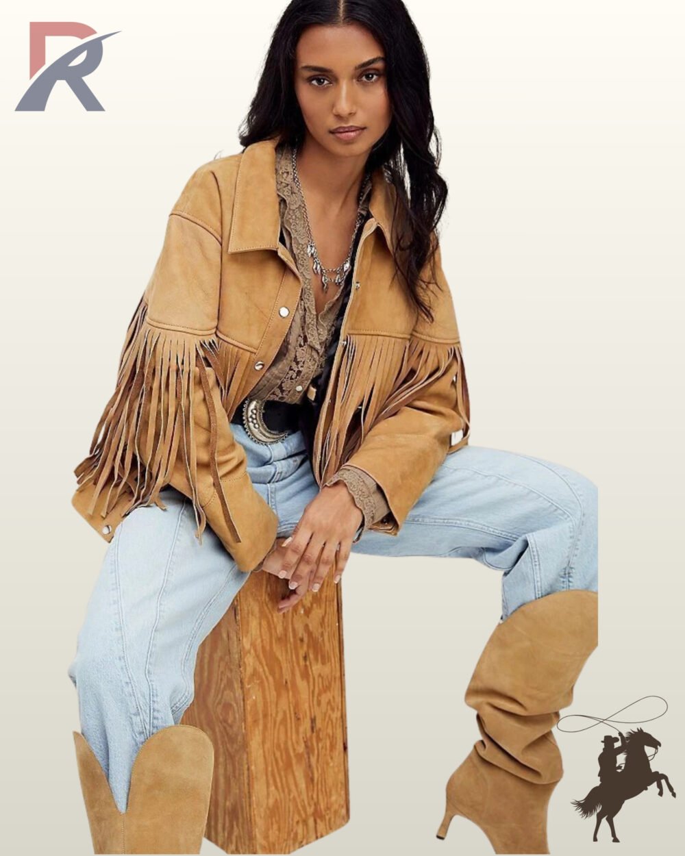 womens-camel-suede-western-fringe-jacket-seated.jpg Seated pose of a model wearing an open camel tan suede western fringe jacket styled with slouchy suede boots and light wash jeans.
