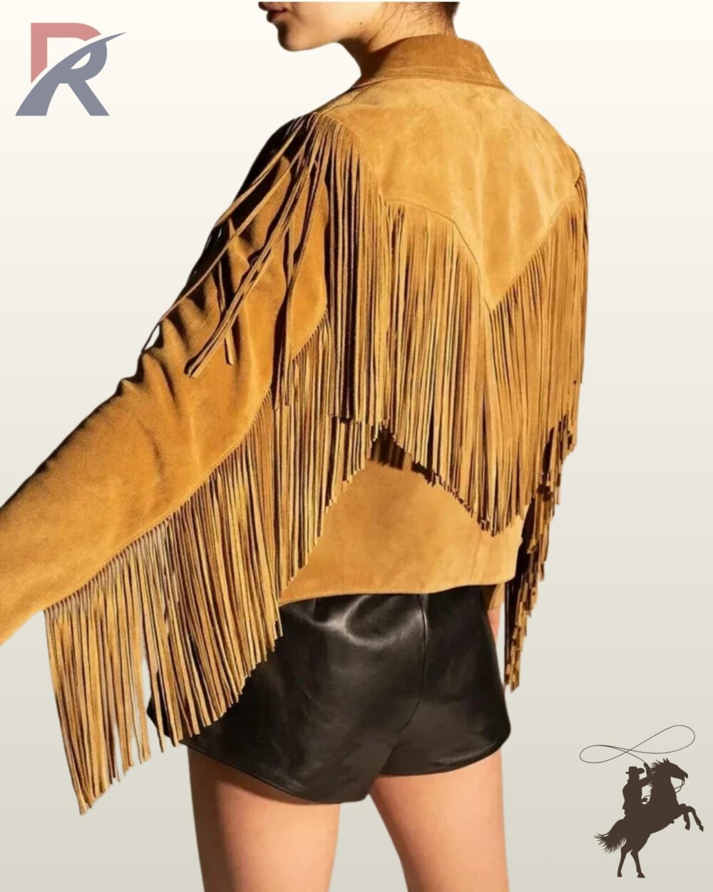 Back perspective of a women's vintage western style tan suede jacket highlighting sleeve fringe and layered back yoke detail.