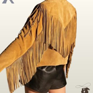 Back perspective of a women's vintage western style tan suede jacket highlighting sleeve fringe and layered back yoke detail.