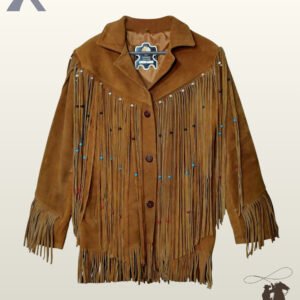 Front view of a cognac tan suede western jacket with V-yoke chest fringe decorated with red, blue, black, and white beads.