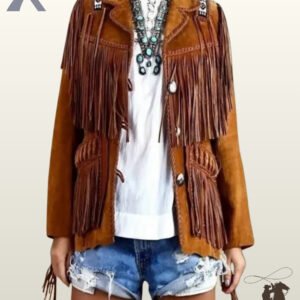 Front view of a model wearing an open cognac suede western jacket with chest fringe, fringed pockets, and Native American shoulder beadwork.