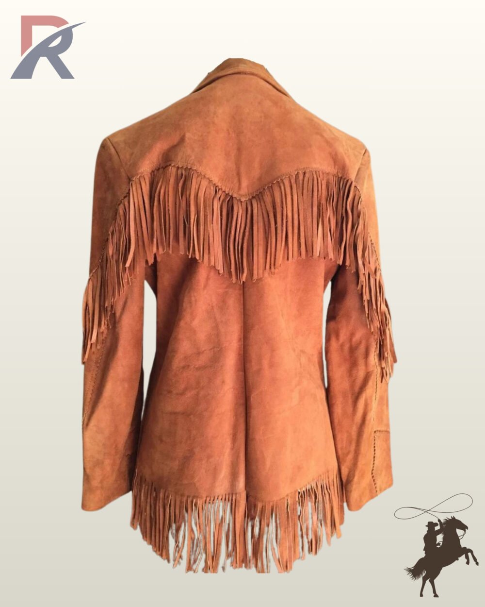 Back profile of a classic women's rust suede cowgirl coat displaying V-yoke back fringe, hem tassels, and whipstitched sleeve details.