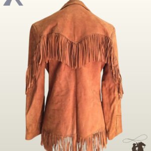 Back profile of a classic women's rust suede cowgirl coat displaying V-yoke back fringe, hem tassels, and whipstitched sleeve details.