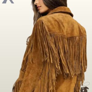 Back profile of a classic women's tan cognac suede cowgirl coat displaying layered back fringe and sleeve fringe.