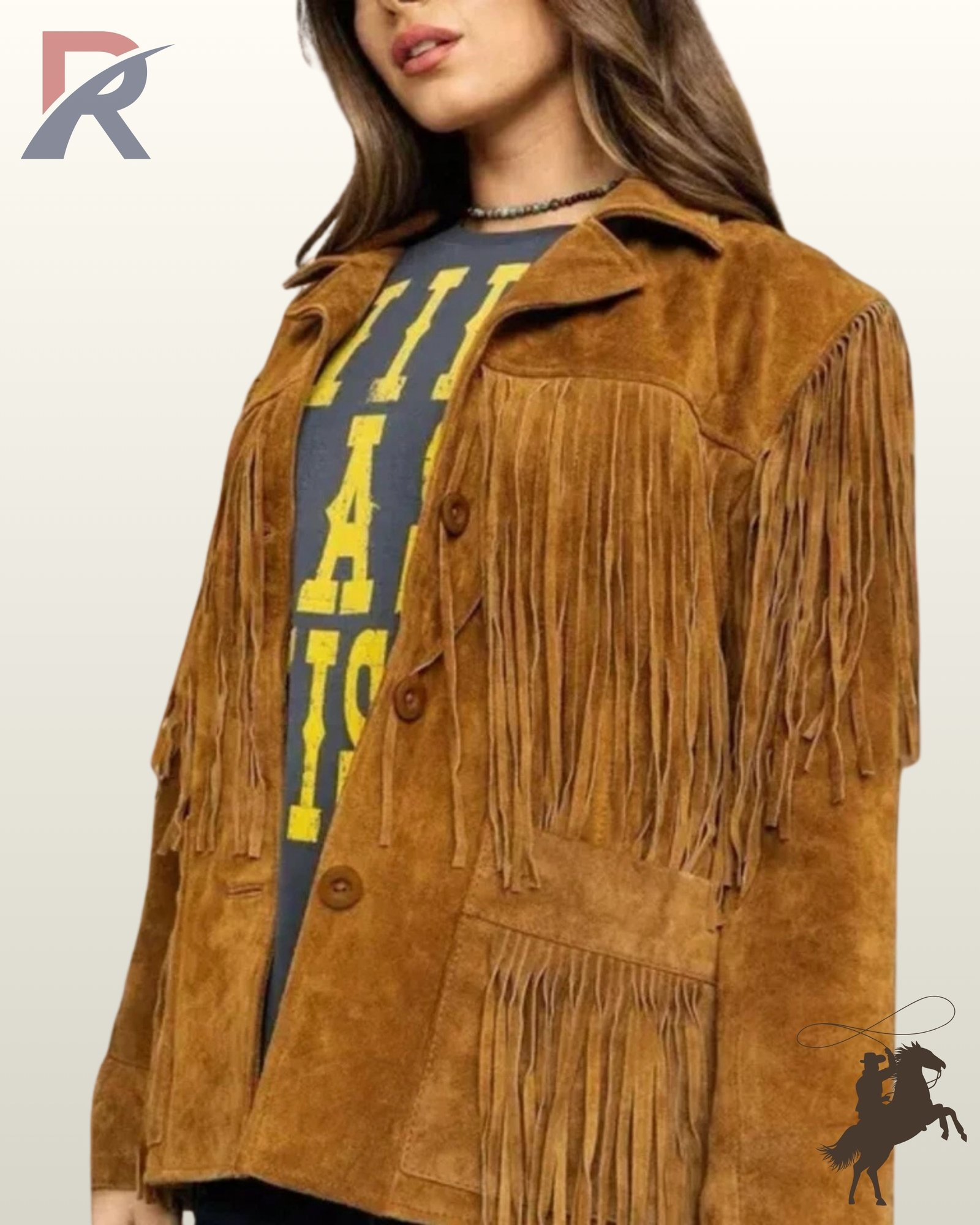 Front view close-up of a model wearing an open cognac brown suede western fringe jacket layered over a graphic t-shirt.