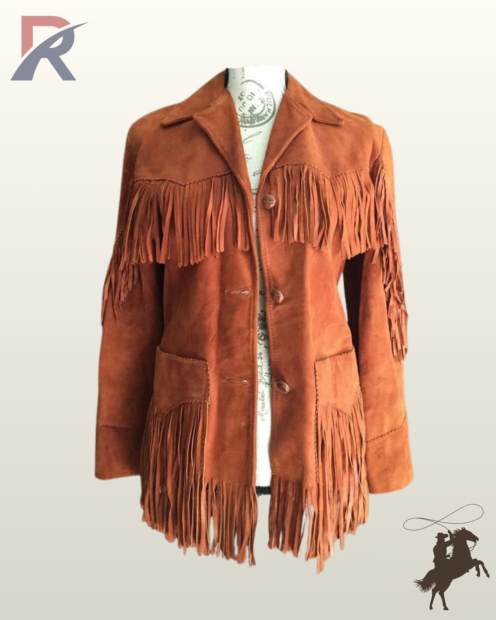Front view of a women's cognac rust suede western jacket displayed on a mannequin, featuring double-tier chest and pocket fringe with woven button closures.