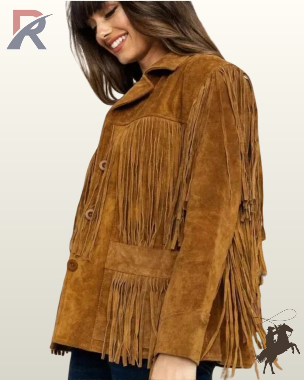 Angled side view of a model smiling in a women's cognac brown suede western fringe jacket with button closures and fringed patch pockets.
