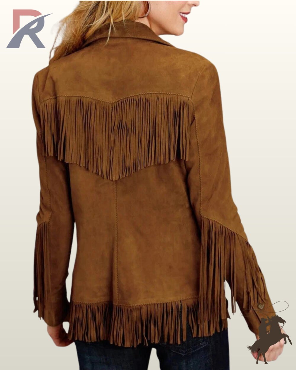 Back profile of a classic women's cognac suede cowgirl coat styled with dark blue denim jeans and full back yoke fringe trim.