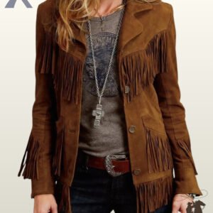 Front view of a blonde model wearing an open cognac brown suede western fringe jacket featuring multi-tier chest and pocket fringe with button closures.