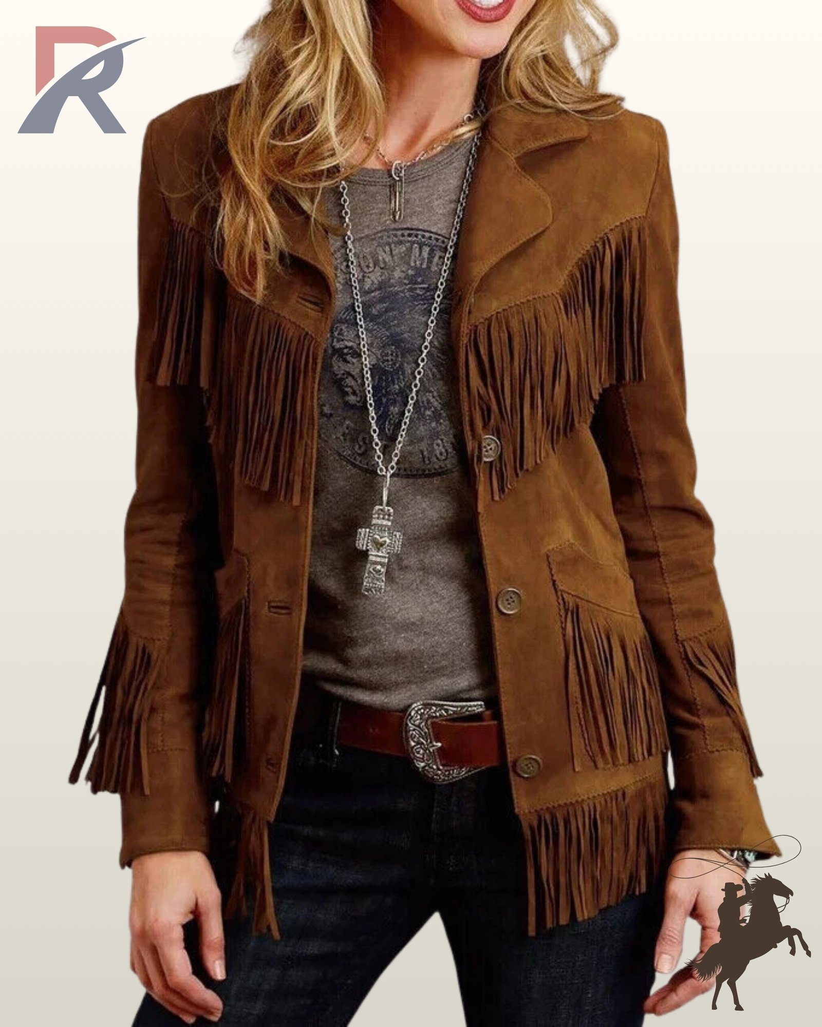 Front view of a blonde model wearing an open cognac brown suede western fringe jacket featuring multi-tier chest and pocket fringe with button closures.
