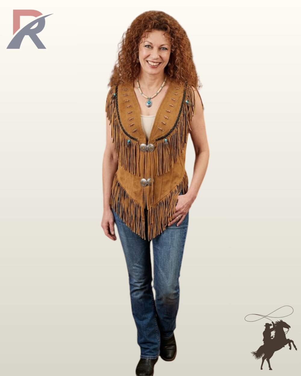 Front full-length view of a model wearing a cognac tan suede western fringe vest featuring silver concho ties, turquoise bead accents, and bone pipe details.