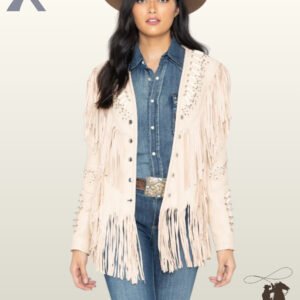Front view of a model wearing an open cream suede western fringe jacket with bone pipe beads, silver studs, a denim shirt, and blue jeans.