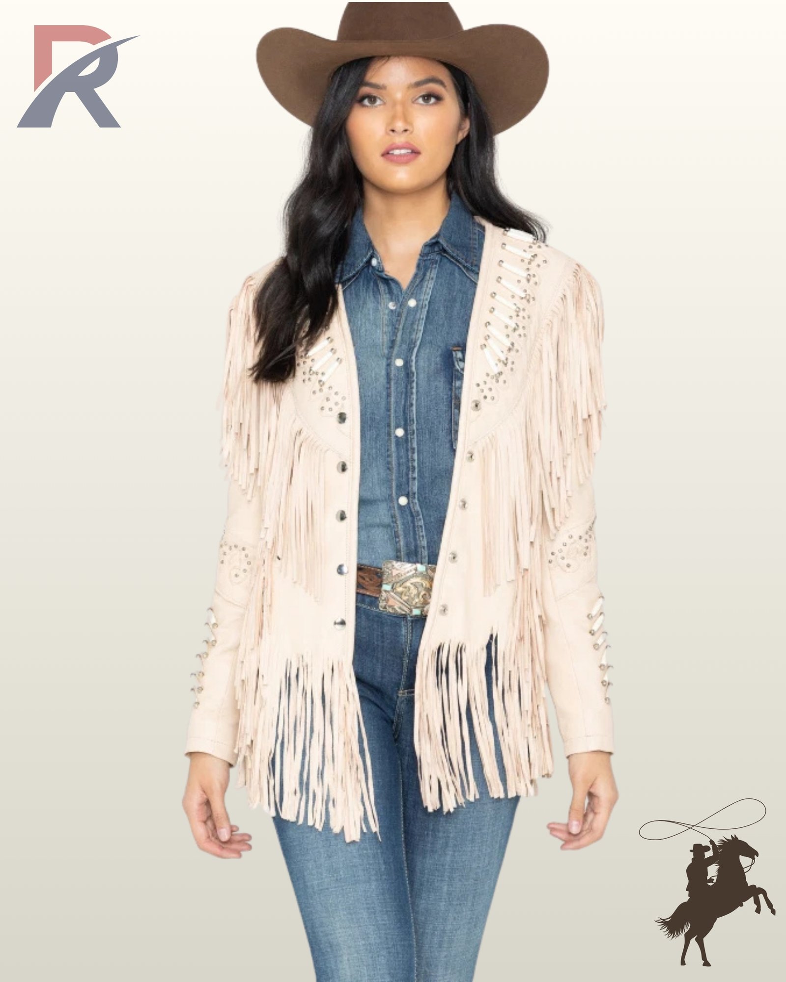 Front view of a model wearing an open cream suede western fringe jacket with bone pipe beads, silver studs, a denim shirt, and blue jeans.