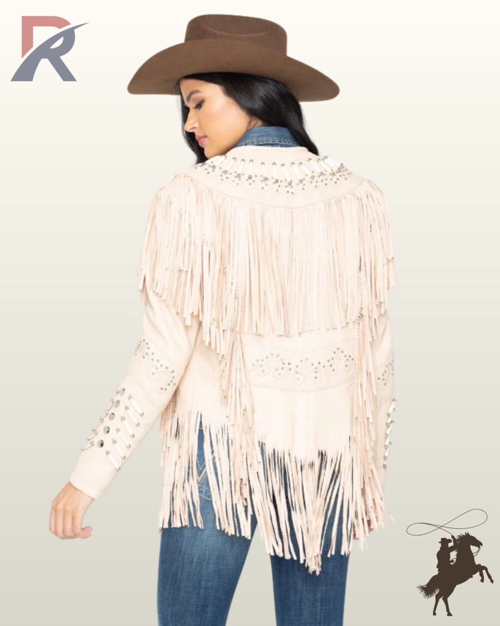 Back profile of a classic women's off-white suede cowgirl jacket featuring silver studs, bone bead collar trim, and a fringed bottom hem.