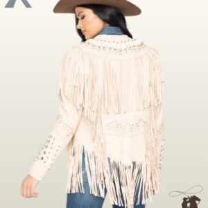 Back profile of a classic women's off-white suede cowgirl jacket featuring silver studs, bone bead collar trim, and a fringed bottom hem.