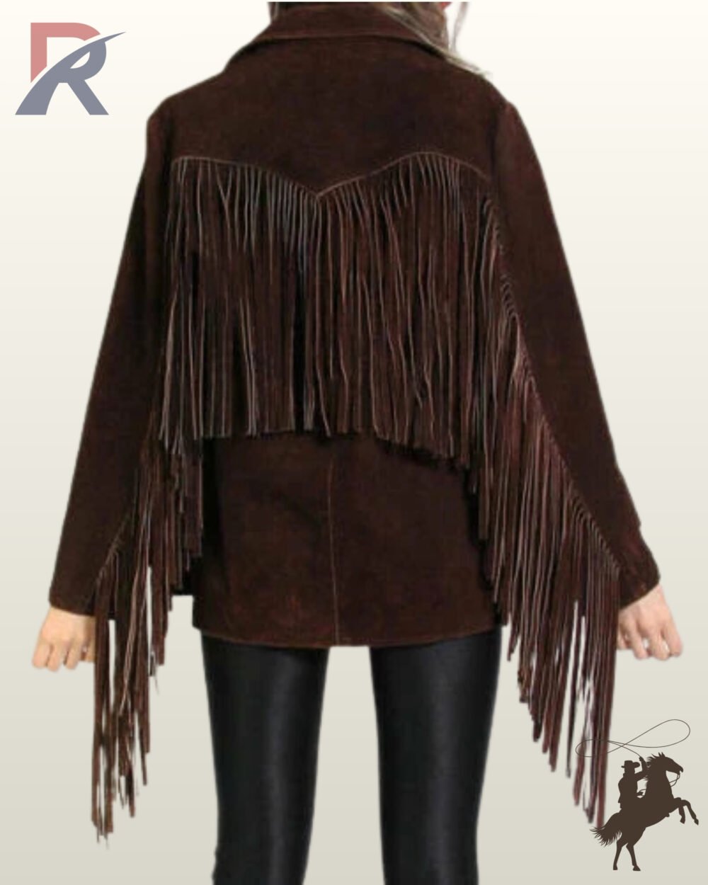 Back profile of a classic women's dark brown suede cowgirl coat styled with black fitted leggings and heavy back fringe.