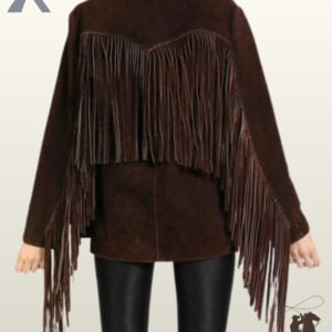 Back profile of a classic women's dark brown suede cowgirl coat styled with black fitted leggings and heavy back fringe.