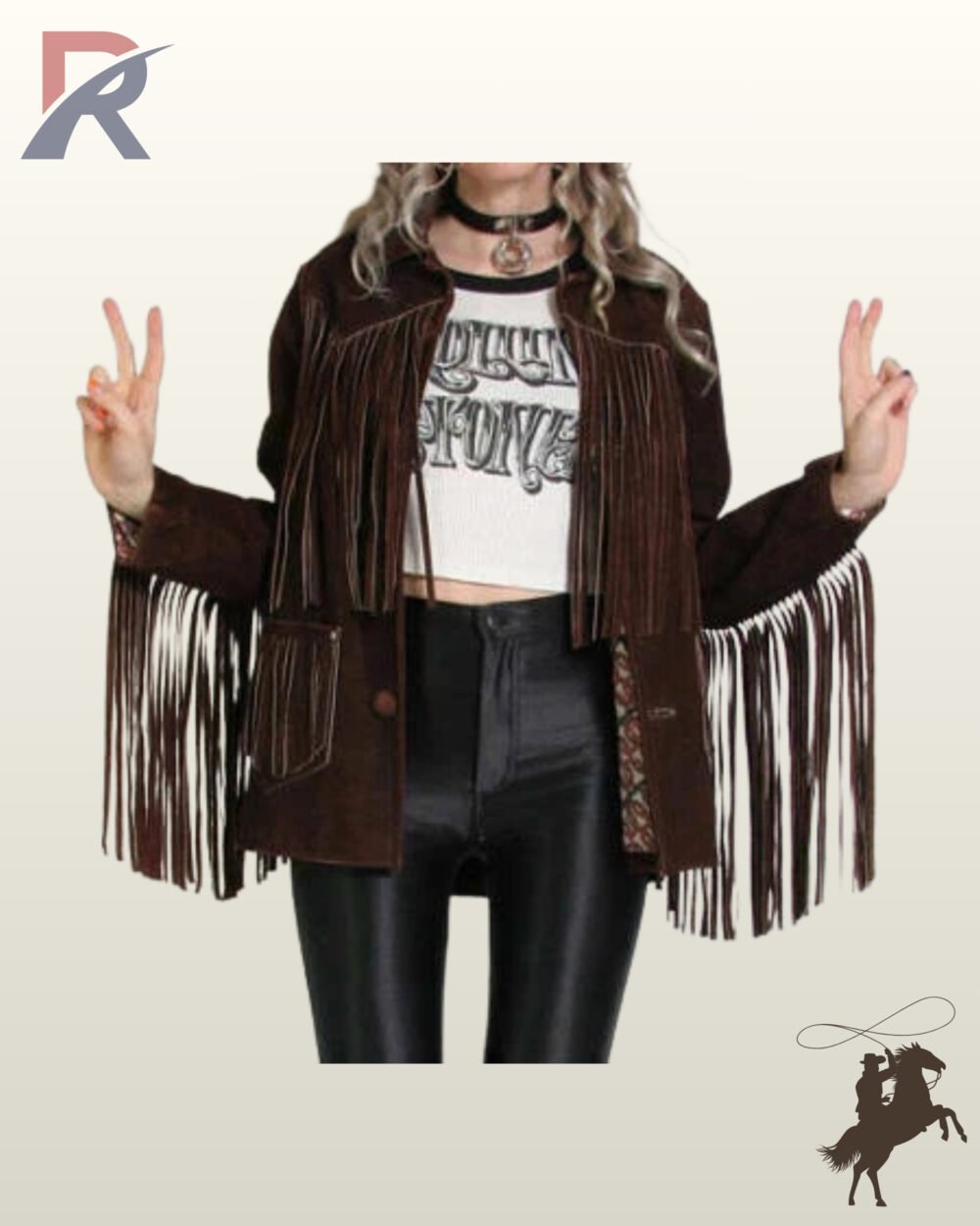 Front view of a model wearing an open dark brown suede western fringe jacket styled with a graphic crop top and black leather pants.