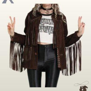 Front view of a model wearing an open dark brown suede western fringe jacket styled with a graphic crop top and black leather pants.