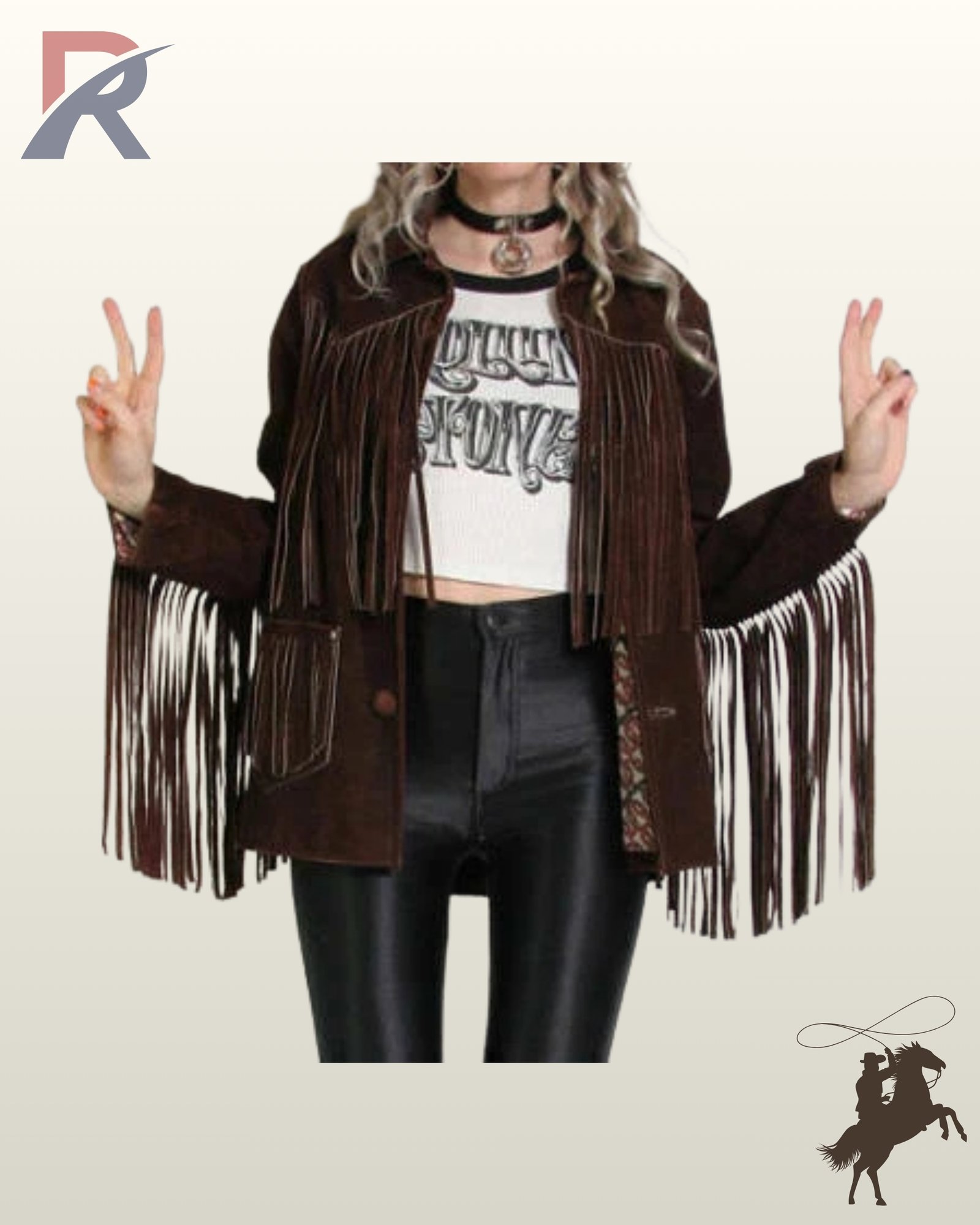 Front view of a model wearing an open dark brown suede western fringe jacket styled with a graphic crop top and black leather pants.