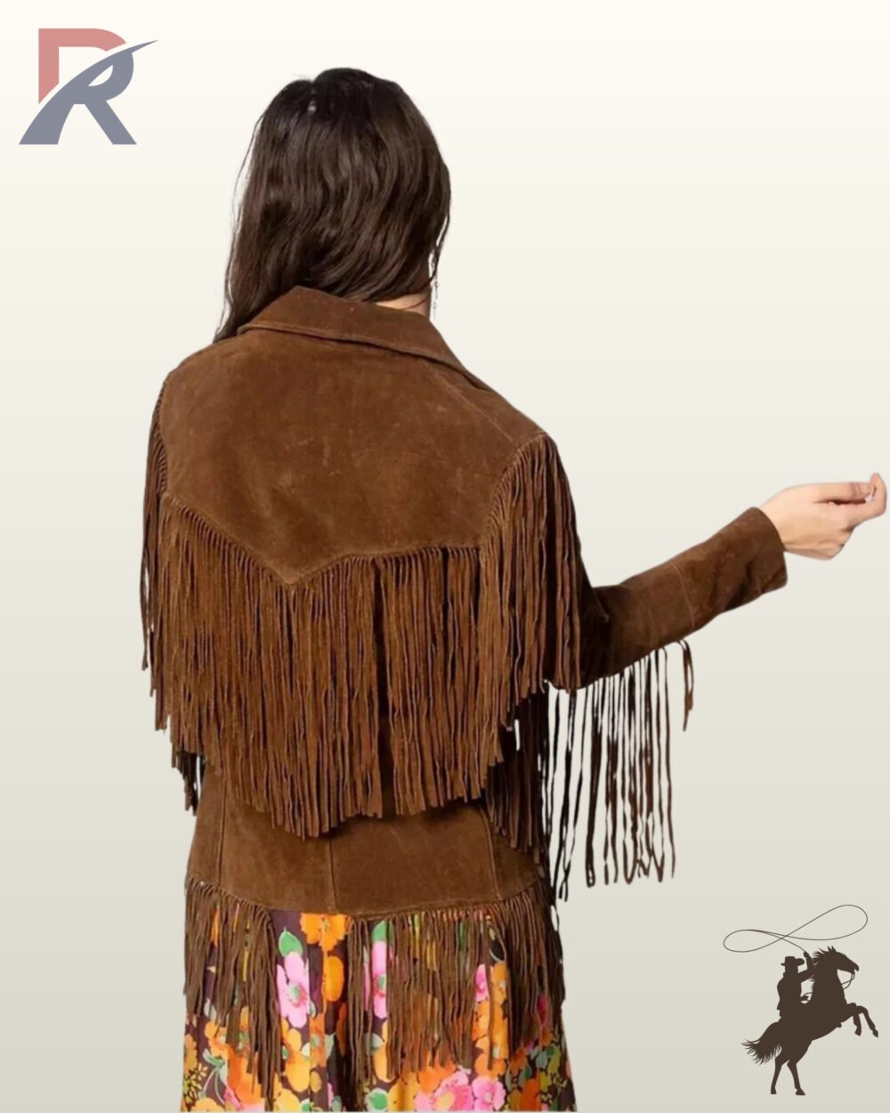 Back profile of a classic boho-style dark brown suede cowgirl coat featuring sleeve tassels, hem fringe, and a floral print dress outfit.