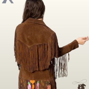 Back profile of a classic boho-style dark brown suede cowgirl coat featuring sleeve tassels, hem fringe, and a floral print dress outfit.