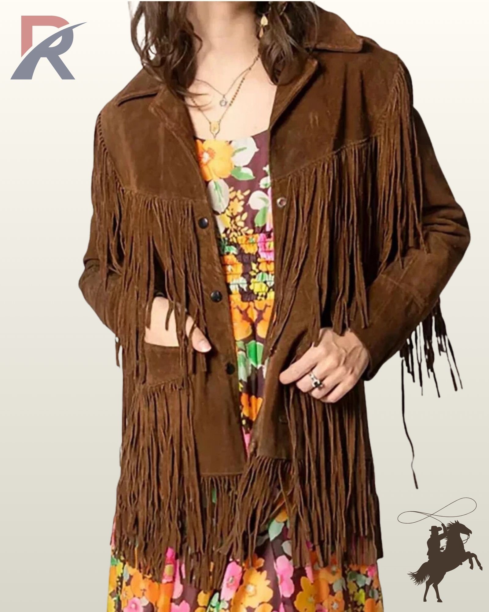Front view of a model wearing an open dark brown suede longline western fringe jacket layered over a colorful floral print dress.