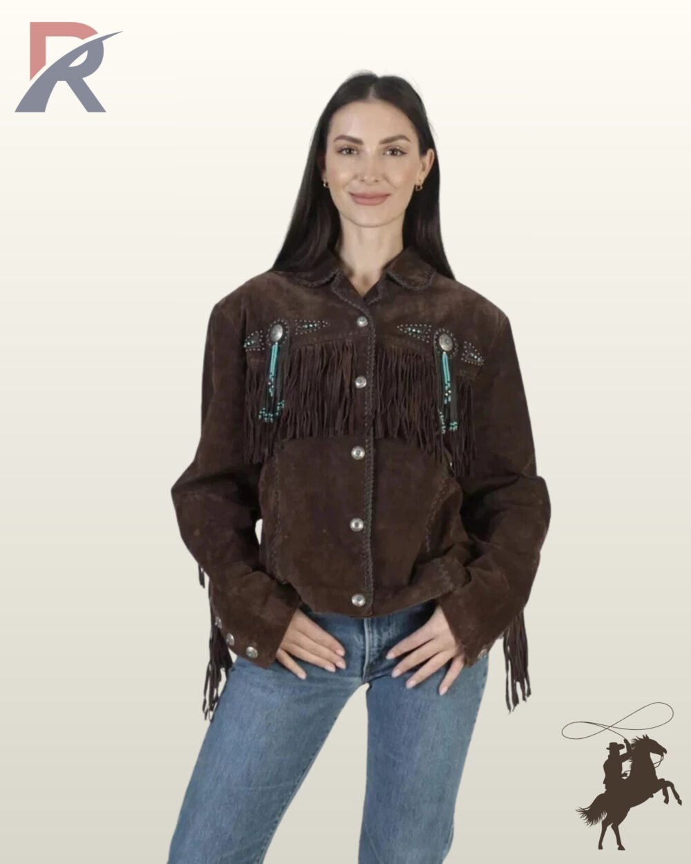 Front view of a model wearing a dark brown suede western fringe jacket featuring silver snap buttons, silver stud detailing, and turquoise beaded concho tassels.