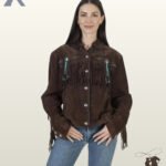 Front view of a model wearing a dark brown suede western fringe jacket featuring silver snap buttons, silver stud detailing, and turquoise beaded concho tassels.