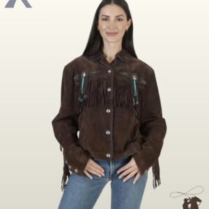 Front view of a model wearing a dark brown suede western fringe jacket featuring silver snap buttons, silver stud detailing, and turquoise beaded concho tassels.