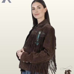 Side profile view of a model wearing a women's dark brown suede western jacket featuring silver conchos, turquoise bead tassels, studded yokes, and arm fringe.