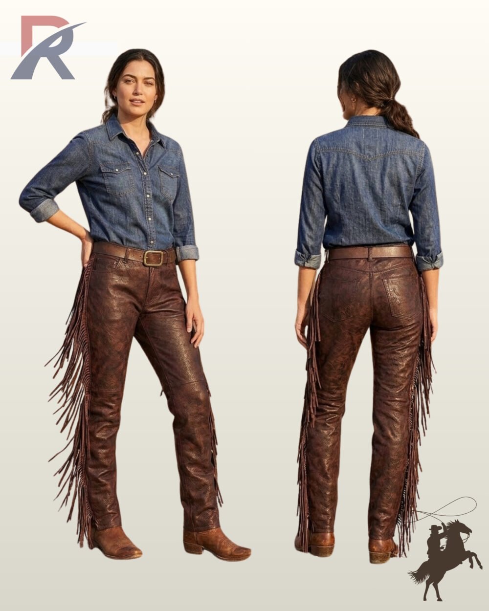 Side-by-side front and rear view of a model wearing women's distressed dark brown leather western pants featuring full-length outer leg fringe.