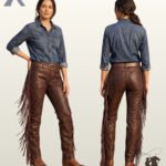 Side-by-side front and rear view of a model wearing women's distressed dark brown leather western pants featuring full-length outer leg fringe.