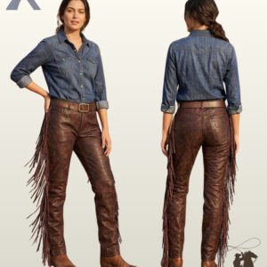 Side-by-side front and rear view of a model wearing women's distressed dark brown leather western pants featuring full-length outer leg fringe.