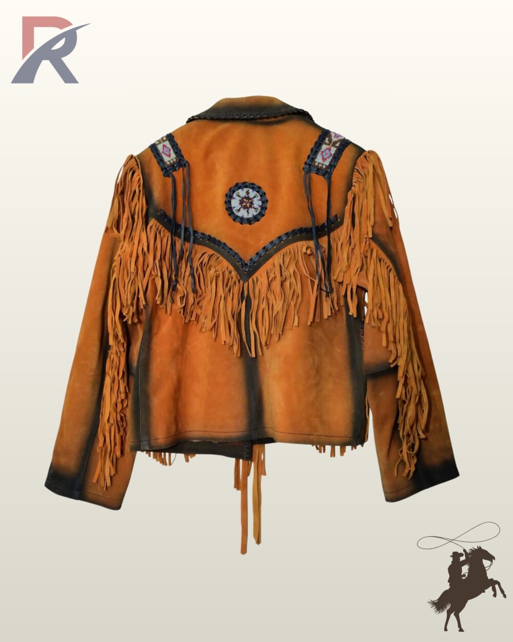 Back profile of a Native American style distressed suede cowgirl coat with V-yoke back fringe, circular beaded patch, and dark burnished accents.