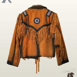 Back profile of a Native American style distressed suede cowgirl coat with V-yoke back fringe, circular beaded patch, and dark burnished accents.