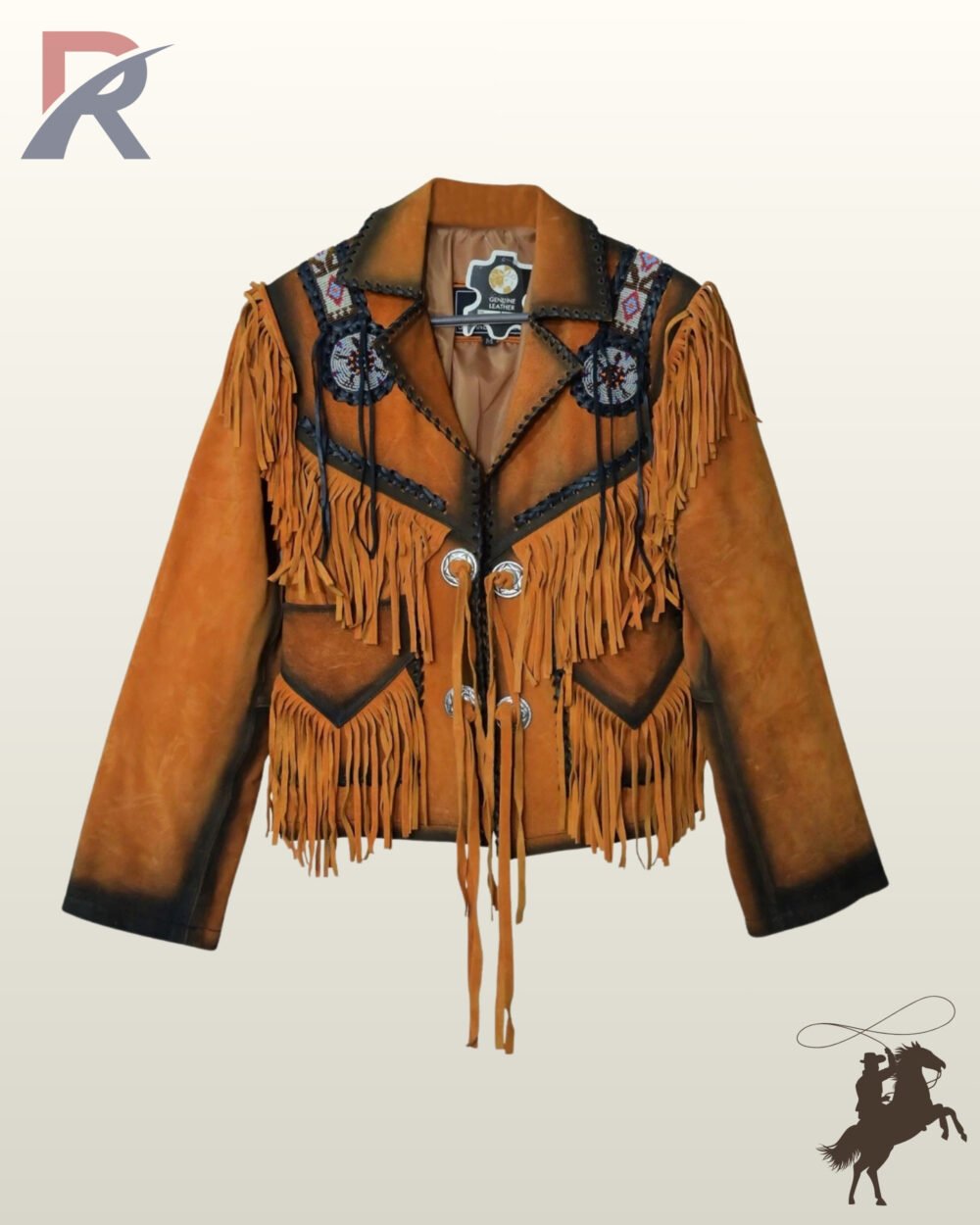 Front view of a women's vintage distressed orange tan suede western jacket with silver conchos, leather tie closures, beaded chest medallions, and black whipstitching.