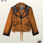 Front view of a women's vintage distressed orange tan suede western jacket with silver conchos, leather tie closures, beaded chest medallions, and black whipstitching.