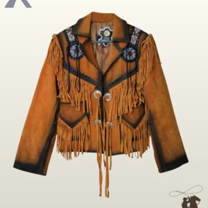 Front view of a women's vintage distressed orange tan suede western jacket with silver conchos, leather tie closures, beaded chest medallions, and black whipstitching.