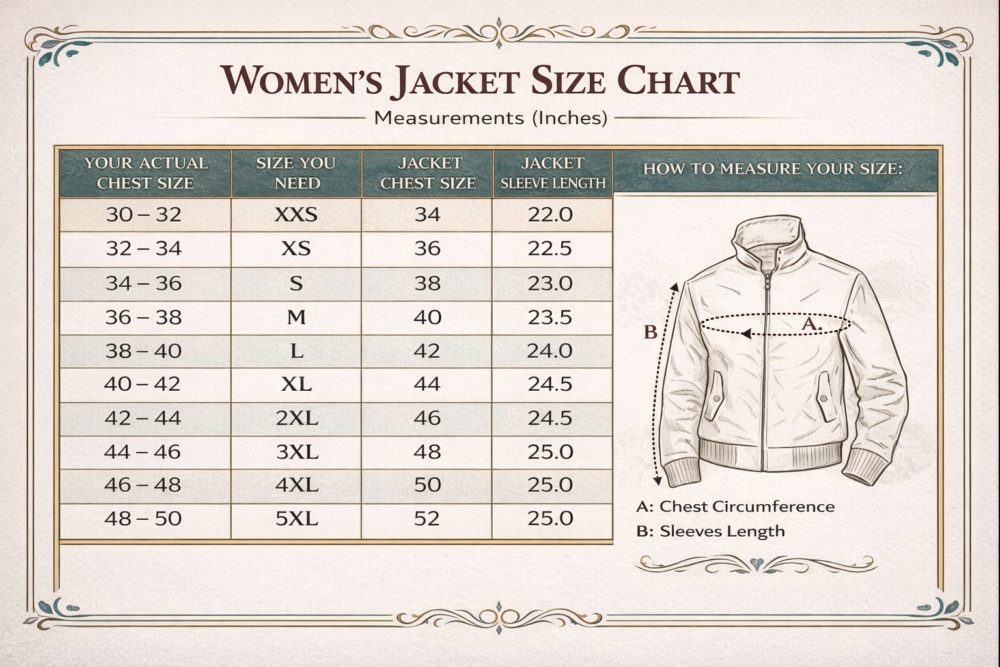 Detailed women's jacket size chart displaying chest circumference and sleeve length measurements in inches alongside a measurement guide diagram.